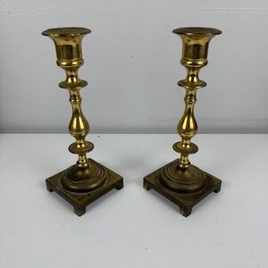 Vintage Brass Candlestick Holders Pair Square Footed Base Baluster Taper Set